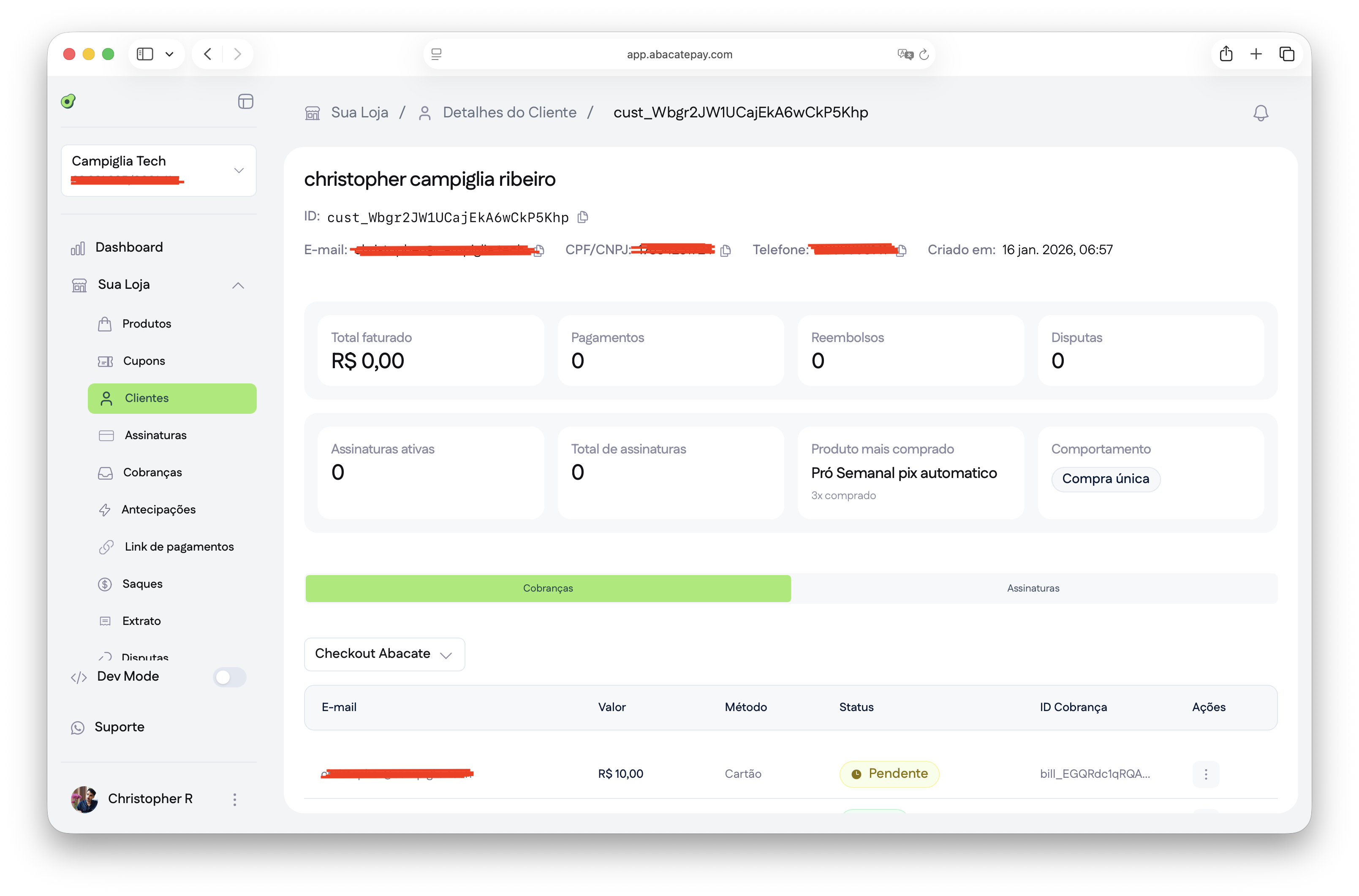 Dashboard com a nova tela de Clientes mostrando listagem e painel de detalhes selecionado